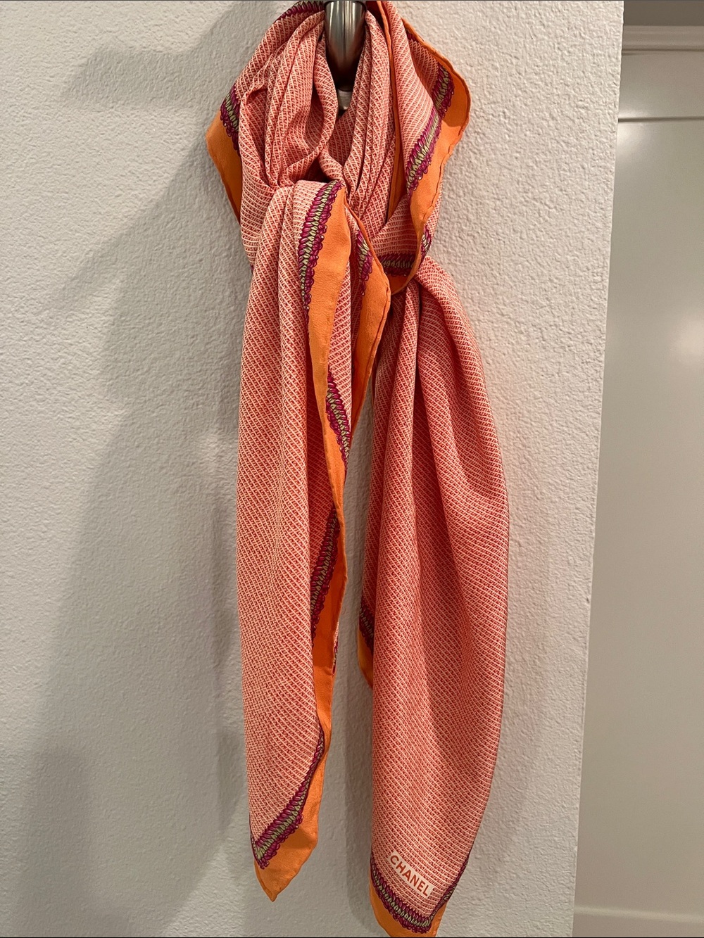 CHANEL Orange silk Square Scarf